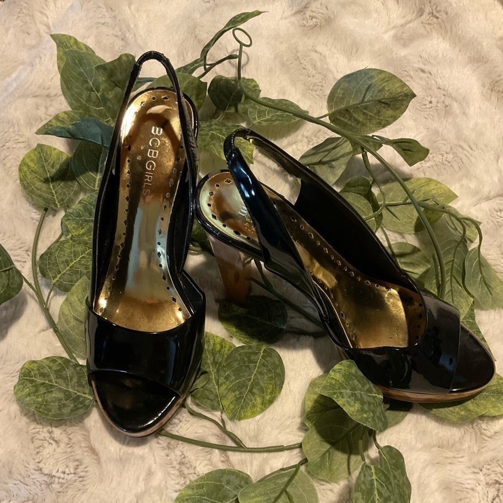BCBGIRLS Black Patent Leather Peep Toe with Faux Woodgrain Platform and Heel